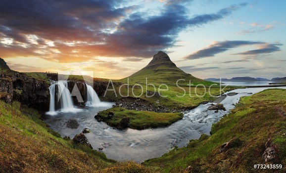 Picture of Iceland landscape with volcano and waterfall